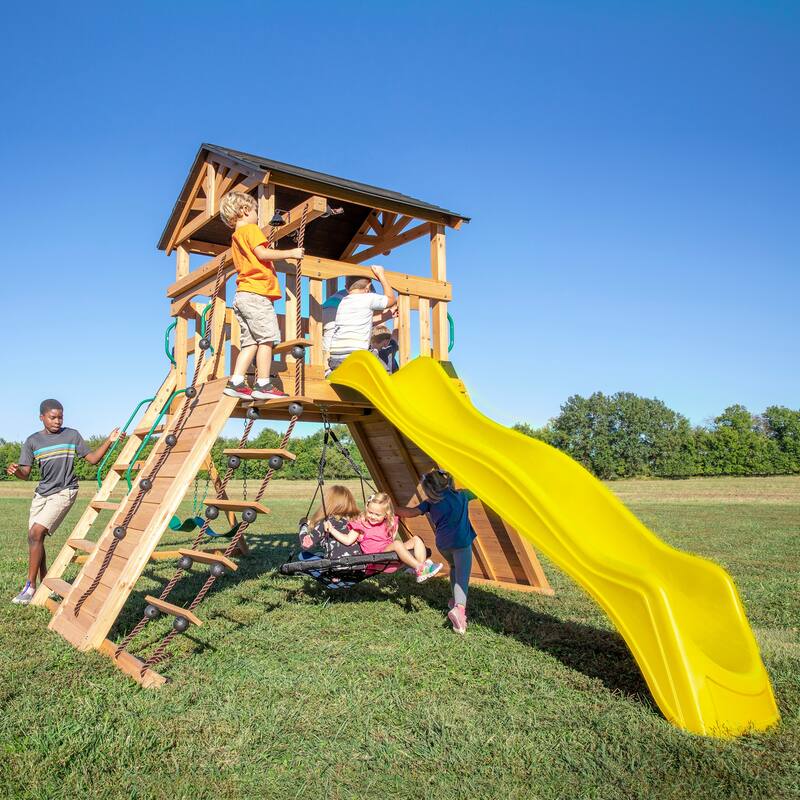 Backyard Discovery Endeavor Cedar Wood Swing Set, Slide, Play Deck