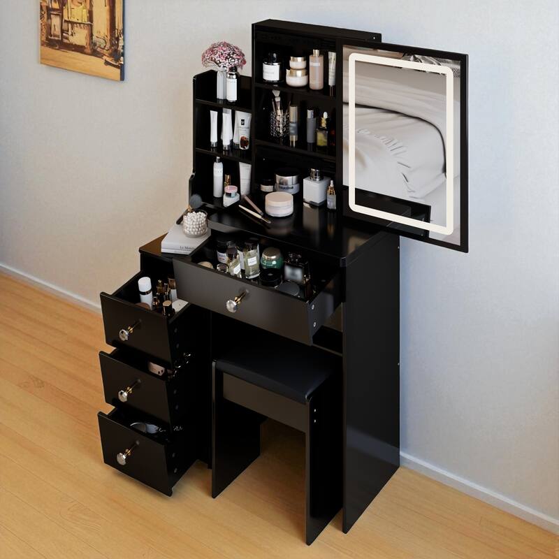 Small Vanity Table with Sliding LED Mirror and Stool, Compact Makeup Desk with Drawer and Storage for Small Spaces