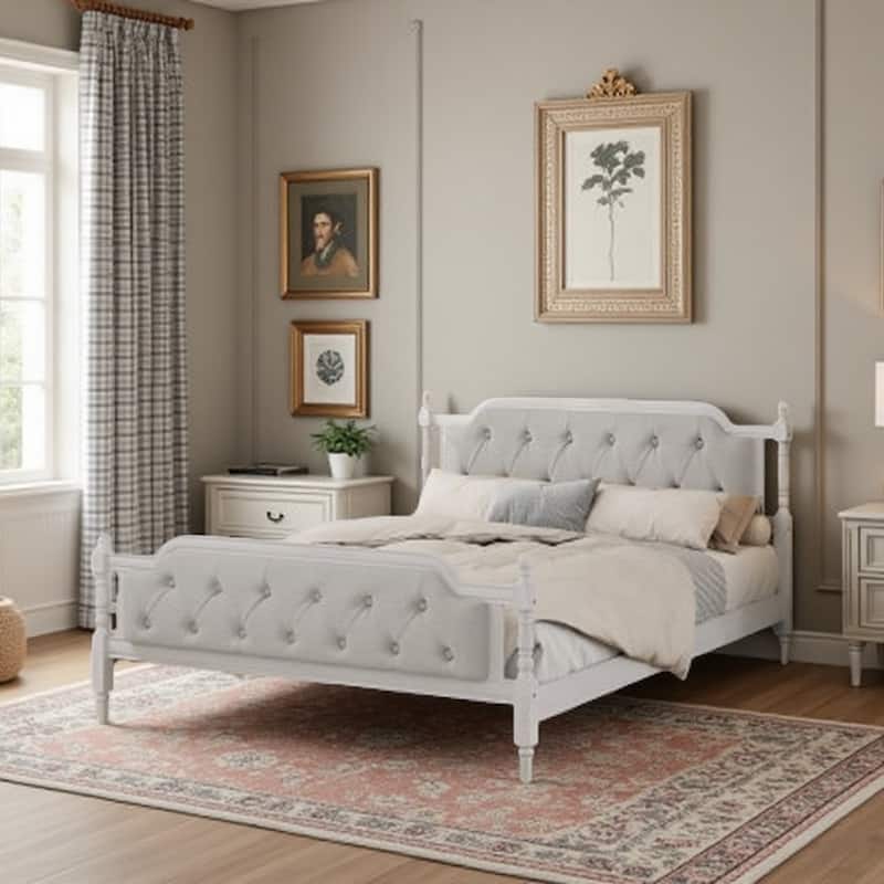 King Size Traditional Solid Wood Platform Bed with Upholstered Tufted Headboard, No Box Spring Needed - Queen Antique White - Queen