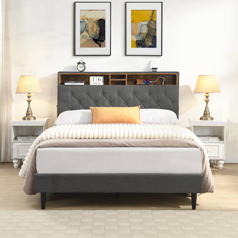 Modern Platform Bed Frame with Tufted Headboard and Multiple Functionalities