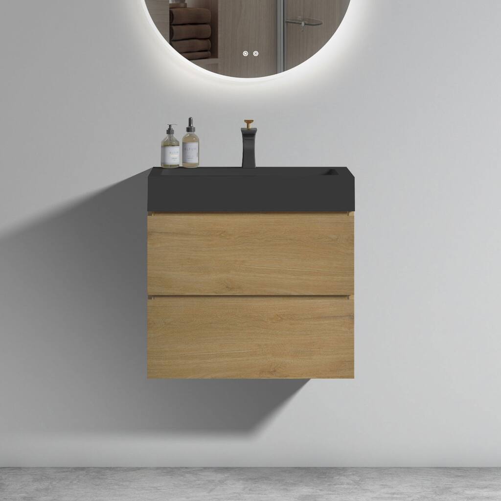 24" Floating Bathroom Vanity in Natural Oak with Handle-Free Design, Black Sink, and Silent Soft-Close Drawers