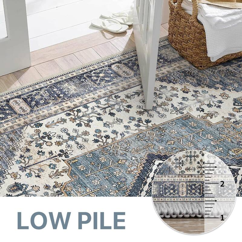 Mcow Faded Floral Vintage Low-Pile Machine Washable Non-Slip Area Rug