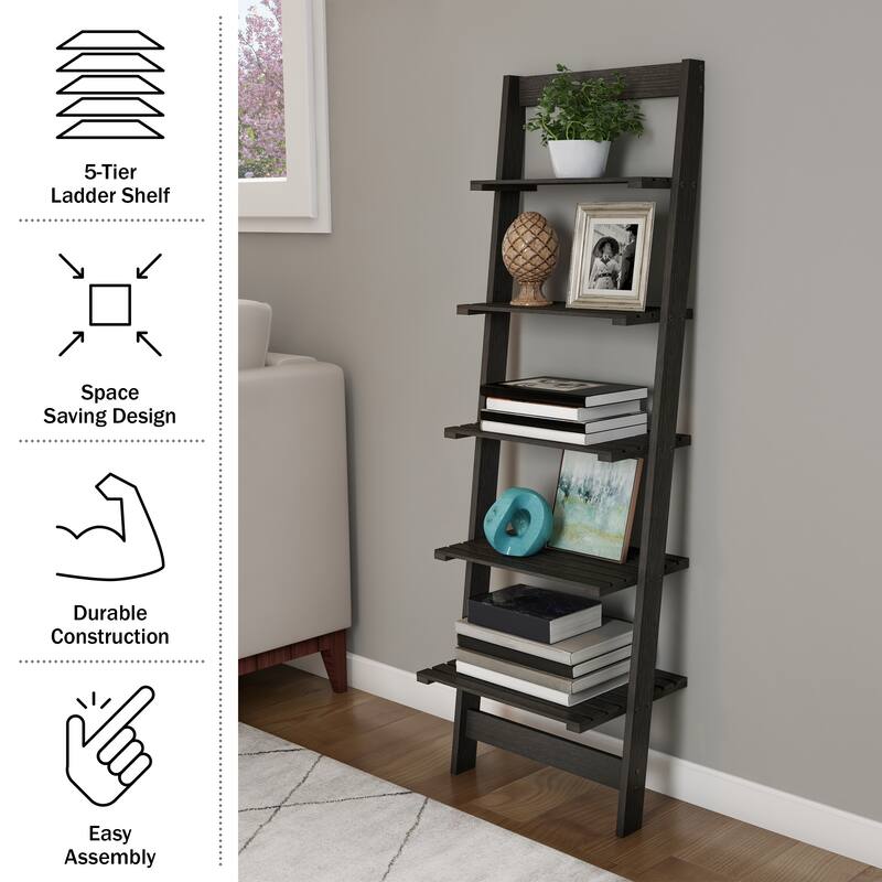 Lavish Home 5-Tier Skinny Ladder Bookshelf, Black