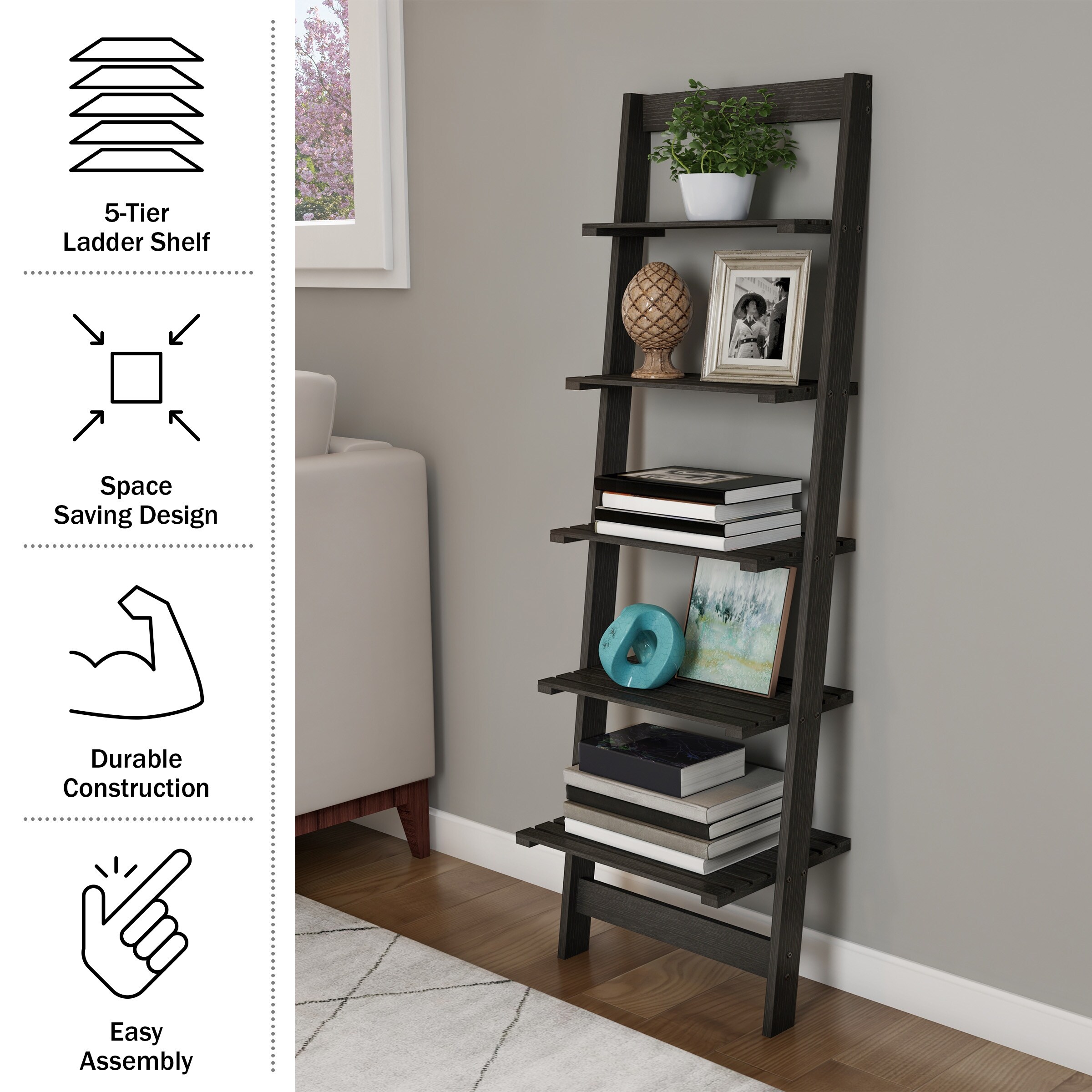 Lavish Home 5 Tier Skinny Ladder Bookshelf Black On Sale Bed Bath Beyond 39130413