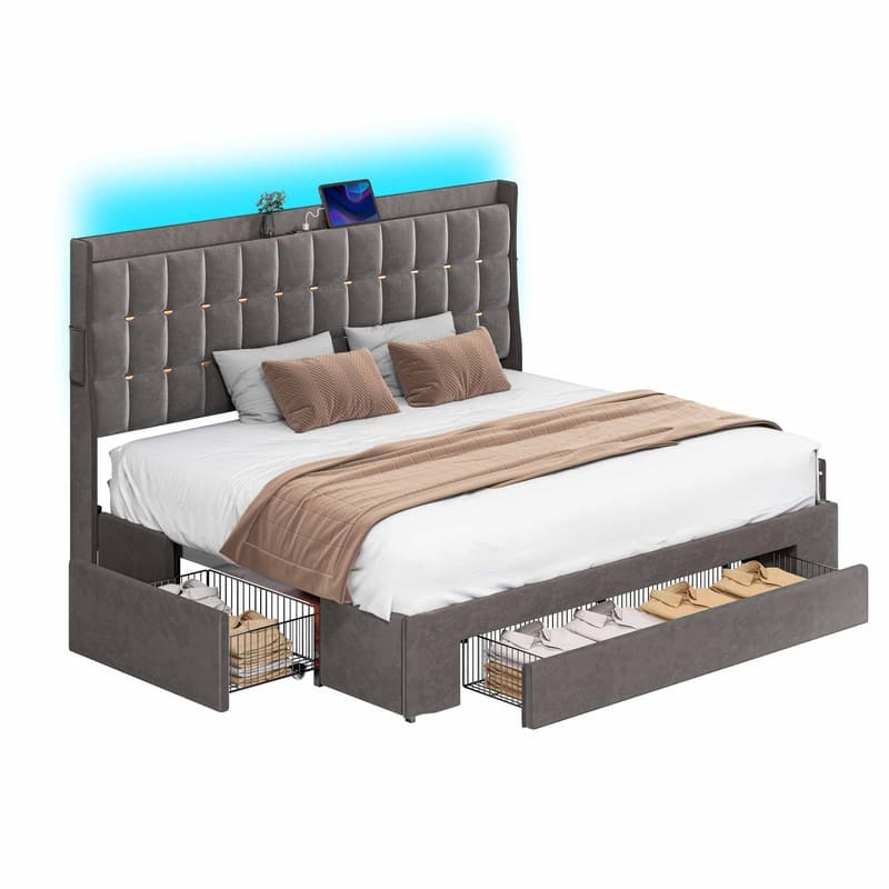 Moasis Queen/King Size Velvet Upholstered Bed with Charging Station and Storage Drawers