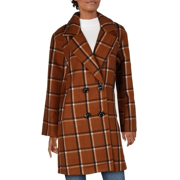Steve Madden Womens Car Coat Plaid Double Breasted - Cognac. Opens flyout.