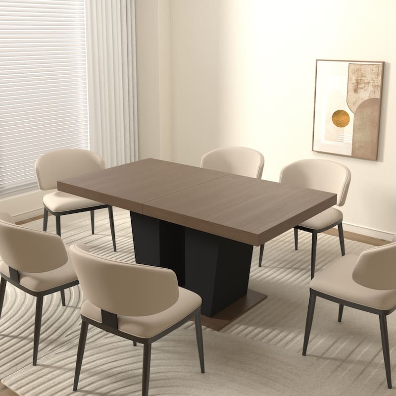 Extendable Dining Room Table for 4-10 People,Wooden Transformer Kitchen Dining Table with Black Double Sturdy Pedestal Base