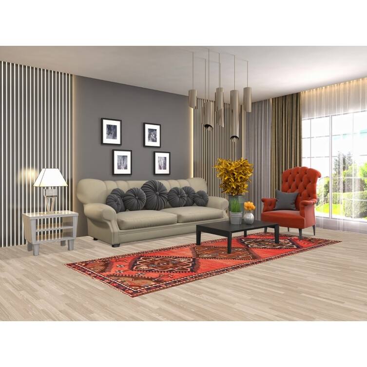Hand Knotted Oriental 100% Wool Carpet Traditional Geometric Oranges & Rust Hamedan Runner Rug - 9' 8'' X 3' 7''