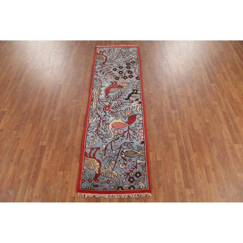 Animal Pictorial Ziegler Indian Runner Rug Handmade Blue Wool Carpet - 2'5"x 8'0"