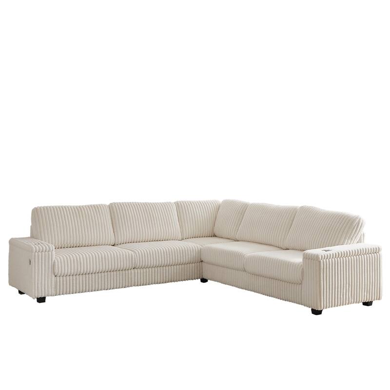 110" Corduroy L-Shaped Sectional Sofa with Storage, USB Charging and Cup Holders
