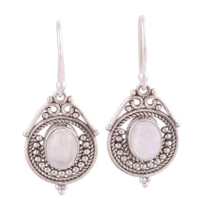 Handmade Sterling Silver 'Majestic Circles' Rainbow Moonstone Earrings (India) - 1.3*0.6