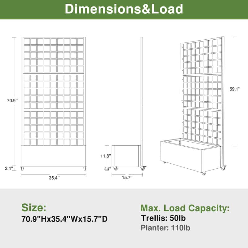 Movable Raised Garden Bed with Trellis and Lockable Wheels - 71*35