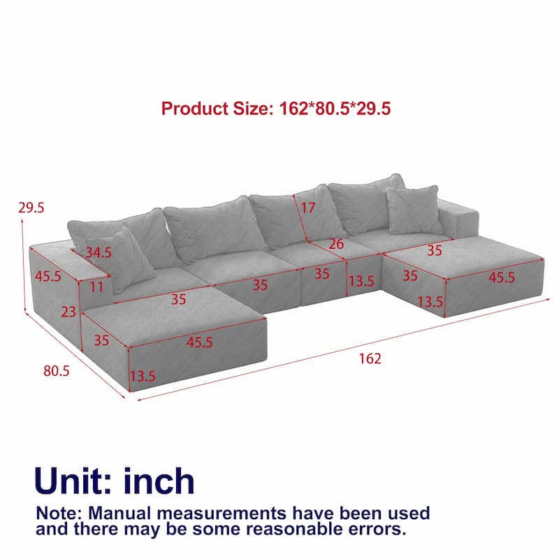 162" L Shaped Sectional Sofa Set, Modern Upholstered Sectional Sofa Couch Set With 6 Pillows for Living Room