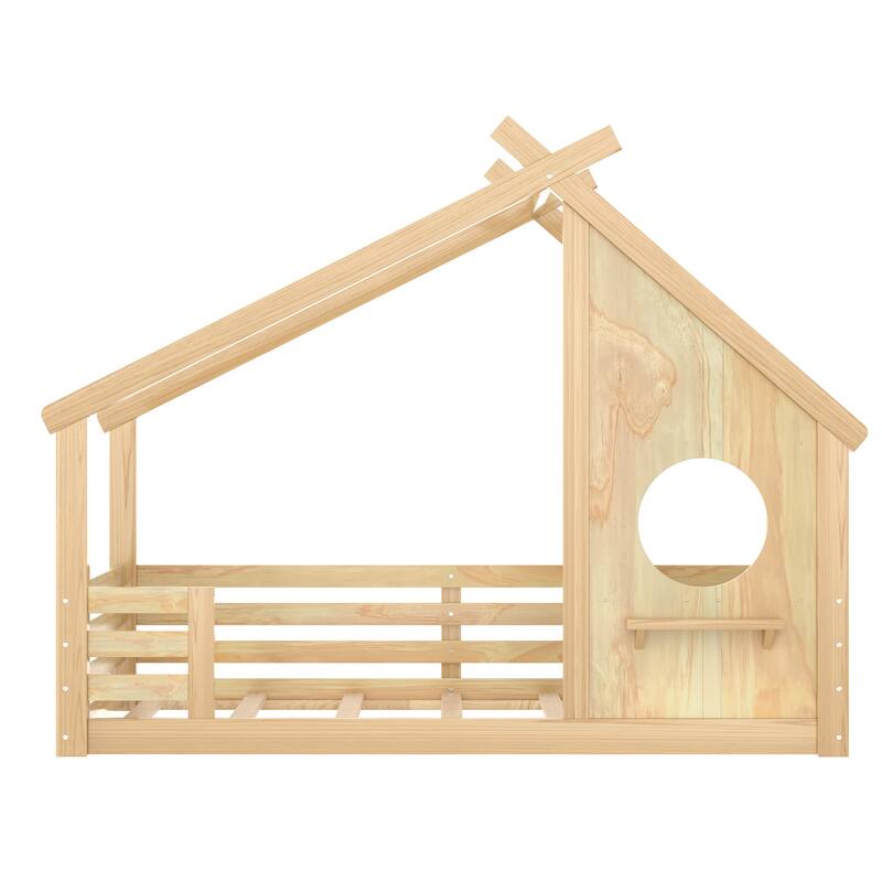 Wooden House Floor Bed, Modern Kids Montessori Playhouse Bed Frame with Window and Roof