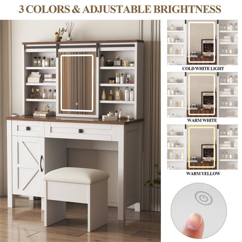 Farmhouse Makeup Vanity Desk Set with Sliding Mirror, Lights and Stool
