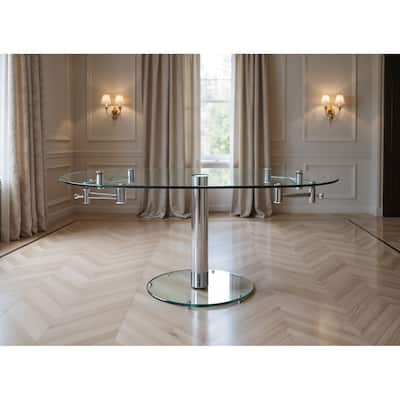 HomeRoots 40" Clear and Silver Glass and Metal Self-Storing Leaf Motion Extendable Dining Table - 40 in. x 30 in. x 35.5 in.