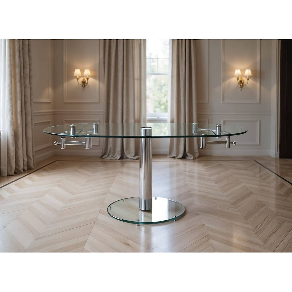HomeRoots 40" Clear and Silver Glass and Metal Self-Storing Leaf Motion Extendable Dining Table - 40 in. x 30 in. x 35.5 in.