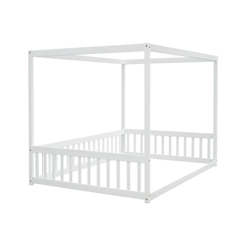 Full Size Wood Canopy Bed with Guardrails,Floor Bed For Kids
