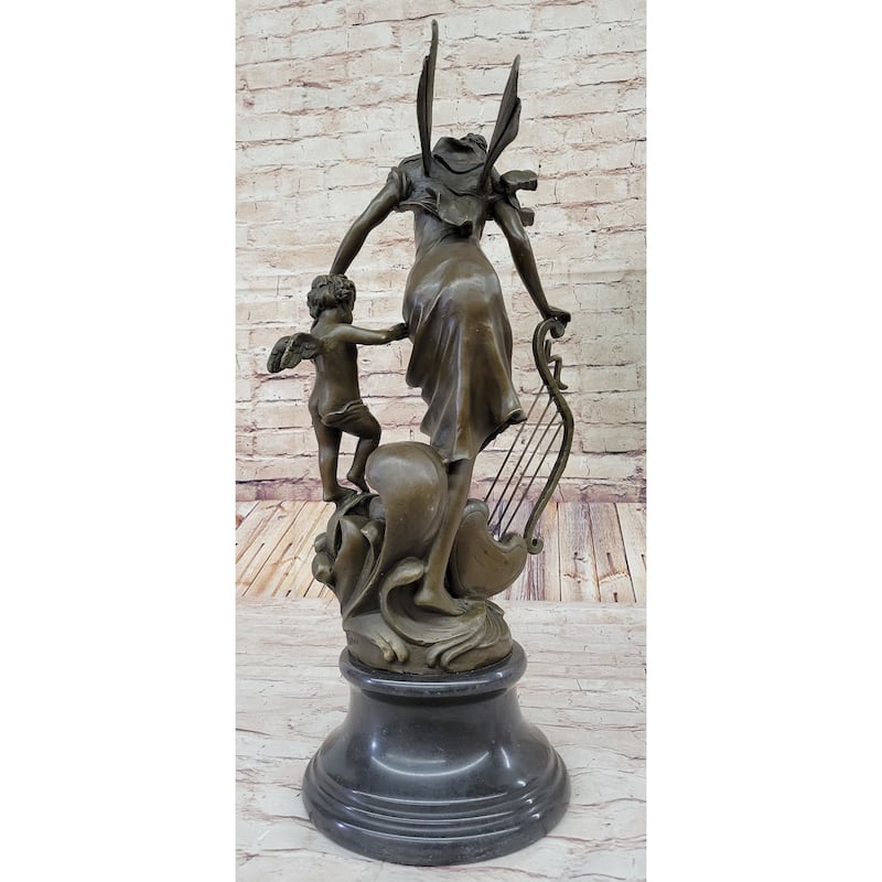 Fantasy Winged Fairy With Mythical Puti Baby Angel Sculpture Signed Moreau Decor