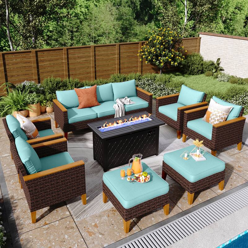 8-Piece Patio Outdoor Wicker Sectional Sofa Set, Large Seating Furniture Conversation Sets with Fire Pit Table - 9-Seat - Type E