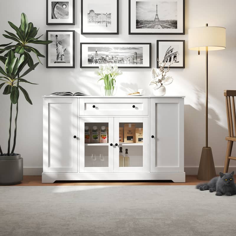 Roomfitters Buffet Cabinet with Storage, Modern White Sideboard with Drawer and Adjustable Shelf