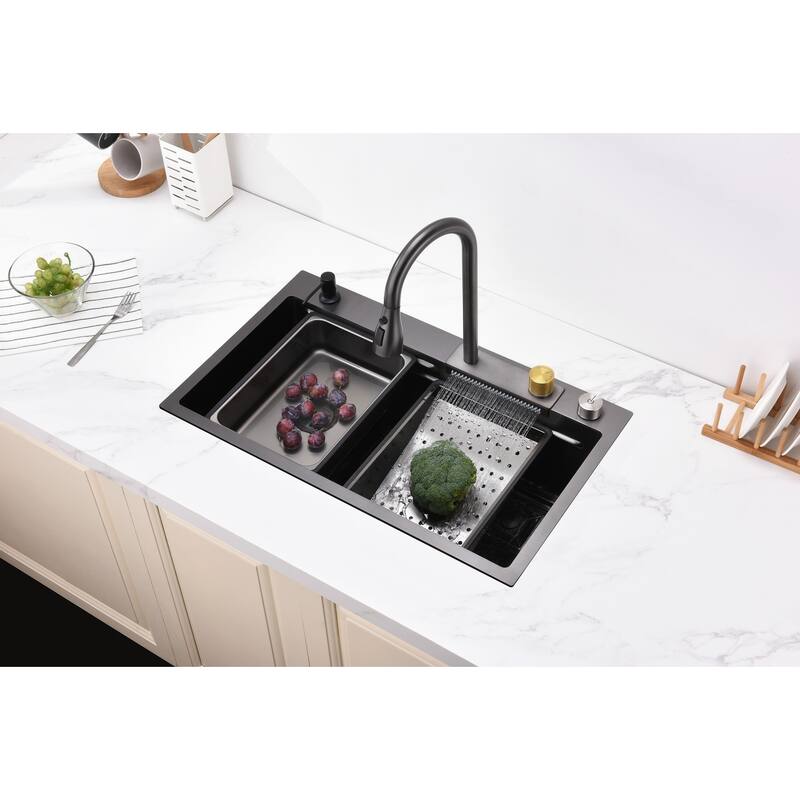 Black 30 Inch Single Bowl Stainless Steel Base Kitchen Sink with Pull-Out Faucet, Cutting Board, Nested Basin
