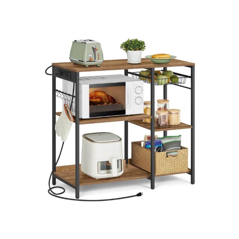 Steel Bakers Rack with Outlet Shelves and Basket with Charging Station - 15.7”D x 35.4”W x 35.6”H