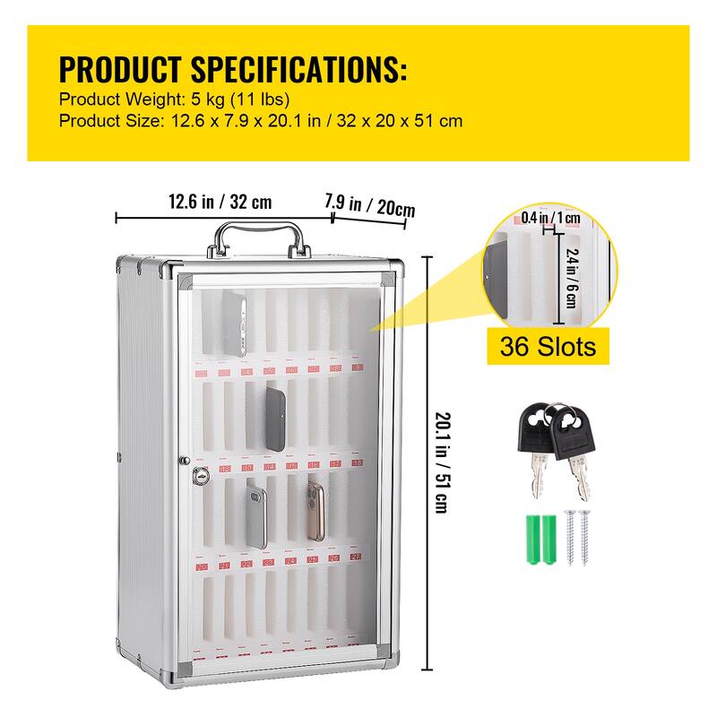 36 Slots Cell Phone Cabinet Silver Aluminum Alloy Pocket Chart Storage Locker Box with Portable Handle, Key Lock