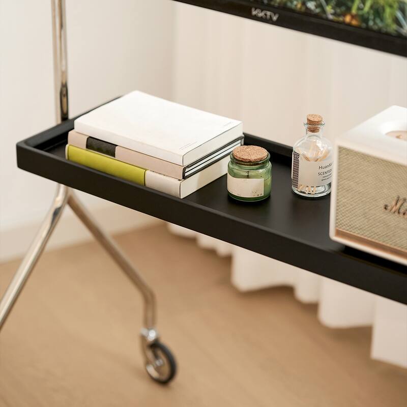 Walk around the TV stand with an antique,black movable stand for a floor-standing display TV cabinet and projection TV stand
