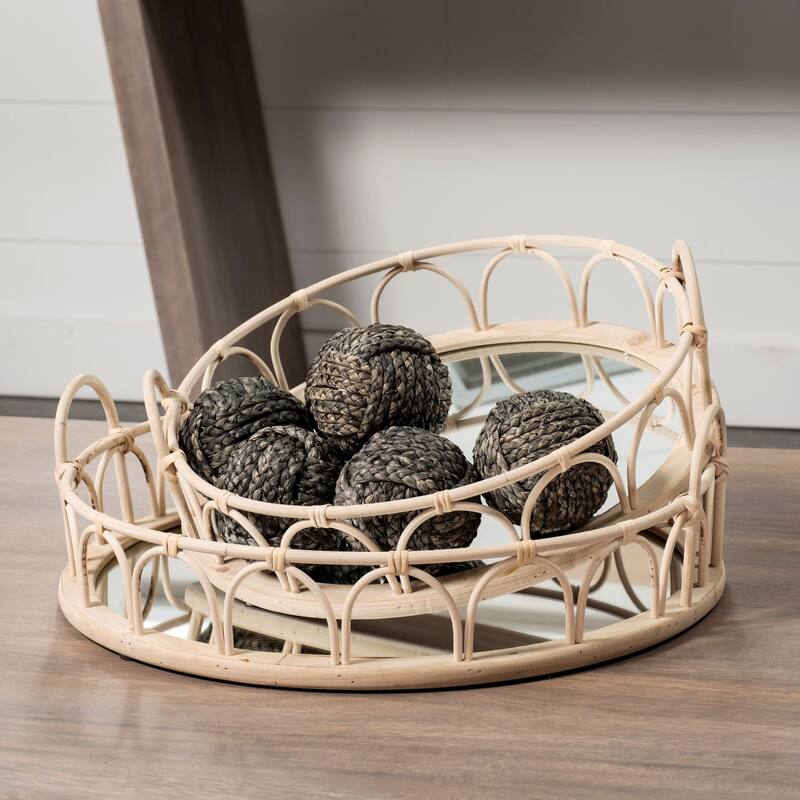 Leona Brown Wicker Mirrored Base Nesting Trays (Set of 2) - 19.3L x 18.9W x 5.7H