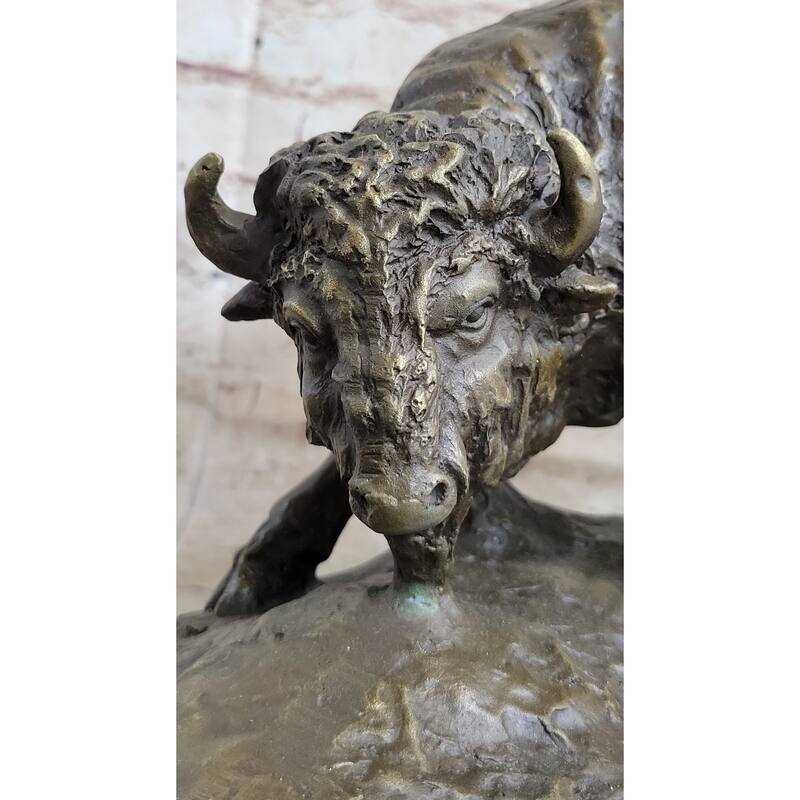 Bear Vs. American Buffalo Bison Bronze Metal Statue Sculpture On Marble Base