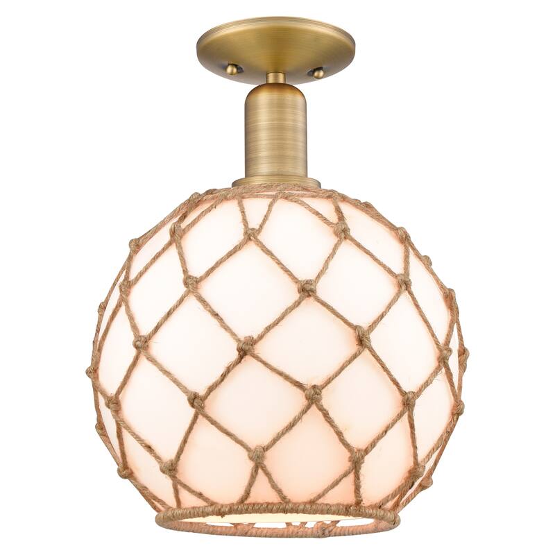 Innovations Lighting Endless Possibilities Arcadia - Farmhouse Rope - 1 Light 10" Semi-Flush Mount - White Glass with Brown Rope/Brushed Brass