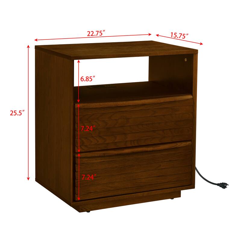 Mid-Century Modern Nightstand with Charging Station & Outlet Hole & 2 Solid Wood Drawers