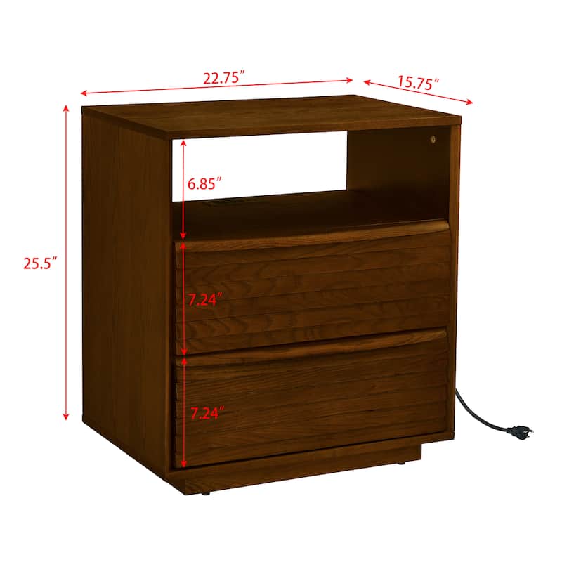 Nightstand with Charging Station, Storage Cabinet with Outlet Hole & Drawer, End Table Bedside Table with Open Shelf