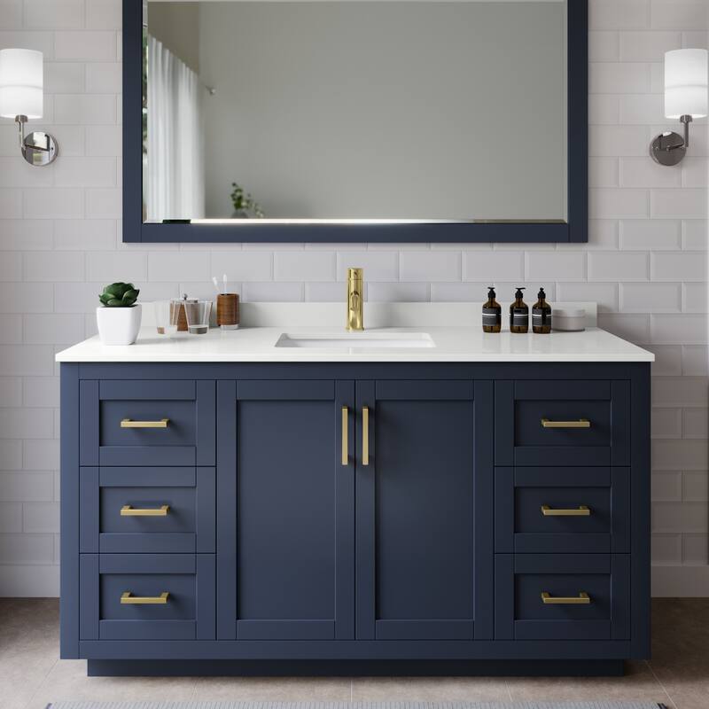 Wyndham Collection WCF292960S-QTZ-UNSMXX Miranda 60" Free Standing - Dark Blue / White Quartz Top / Brushed Gold