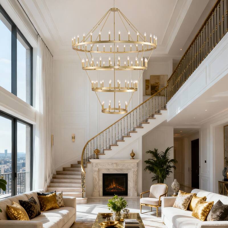 70.87INCH Tiers Wagon Wheel Chandelier Farmhouse 60-Light, Gold Color Metal 4-Story Light Fixtures Adjustable Height E12