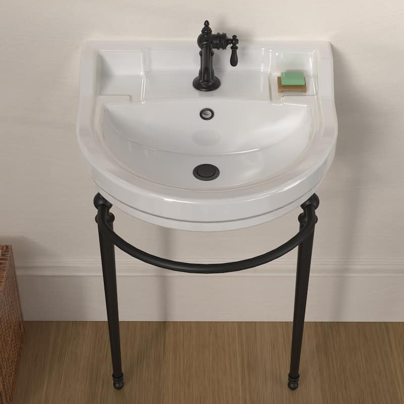 Whitehaus Console Sink With Semi-Circular Bowl, Metal Leg Supports and Front Towel Bar.