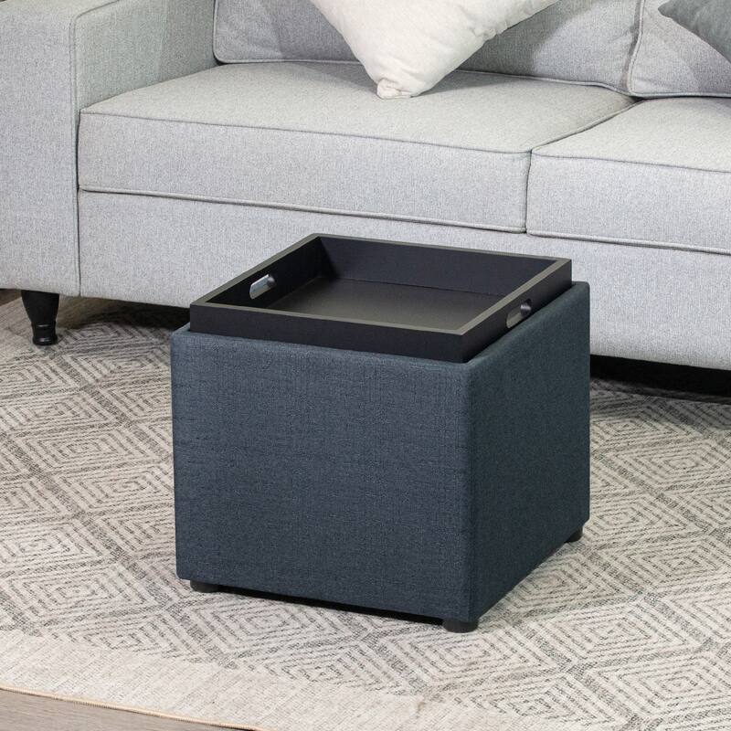 Adeco Storage Ottoman With Tray - Dark-Blue-Linen