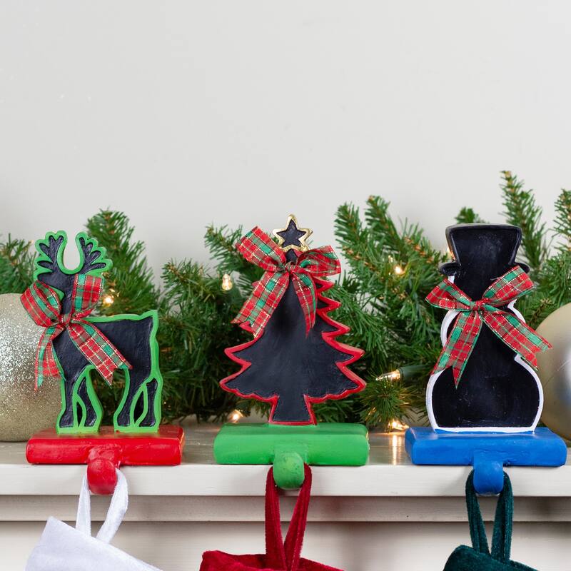 3 Reindeer, Tree, Snowman Chalkboard Christmas Stocking Holders 7"