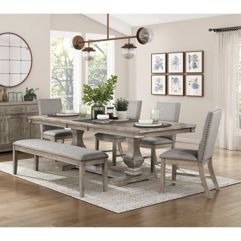 Traditional Dining Furniture Set Extendable Table Bench Side Chairs Wooden Rustic Style - 6pc Set