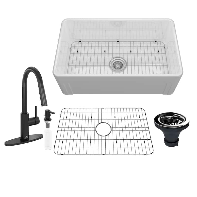 Fireclay Farmhouse/Apron-Front Frame Design Reversible Installation Single Bowl Kitchen Sink with Kitchen Faucet and Accessories