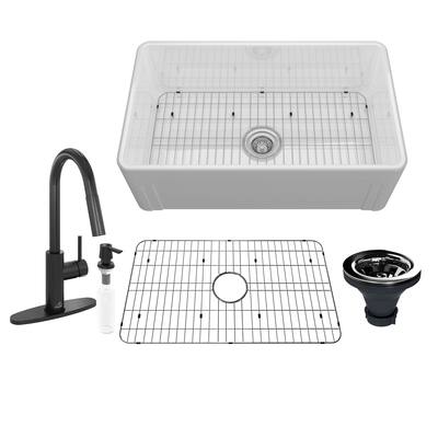 Fireclay Farmhouse/Apron-Front Frame Design Reversible Installation Single Bowl Kitchen Sink with Kitchen Faucet and Accessories