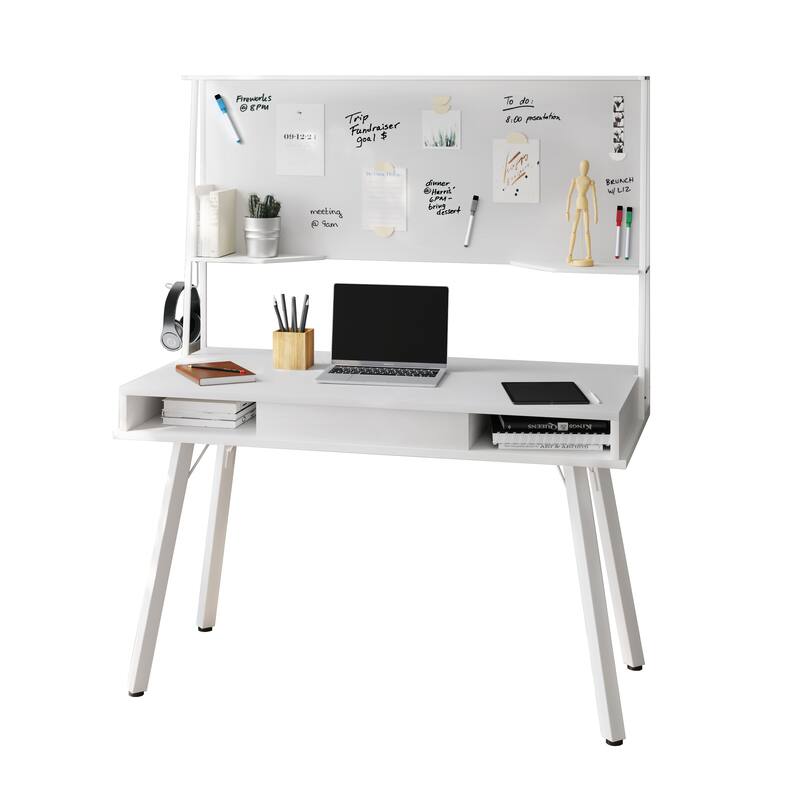 Modern Computer Desk with Magnetic Dry Erase Board, Open Storage Areas, and Top Shelf for Home Office or Study