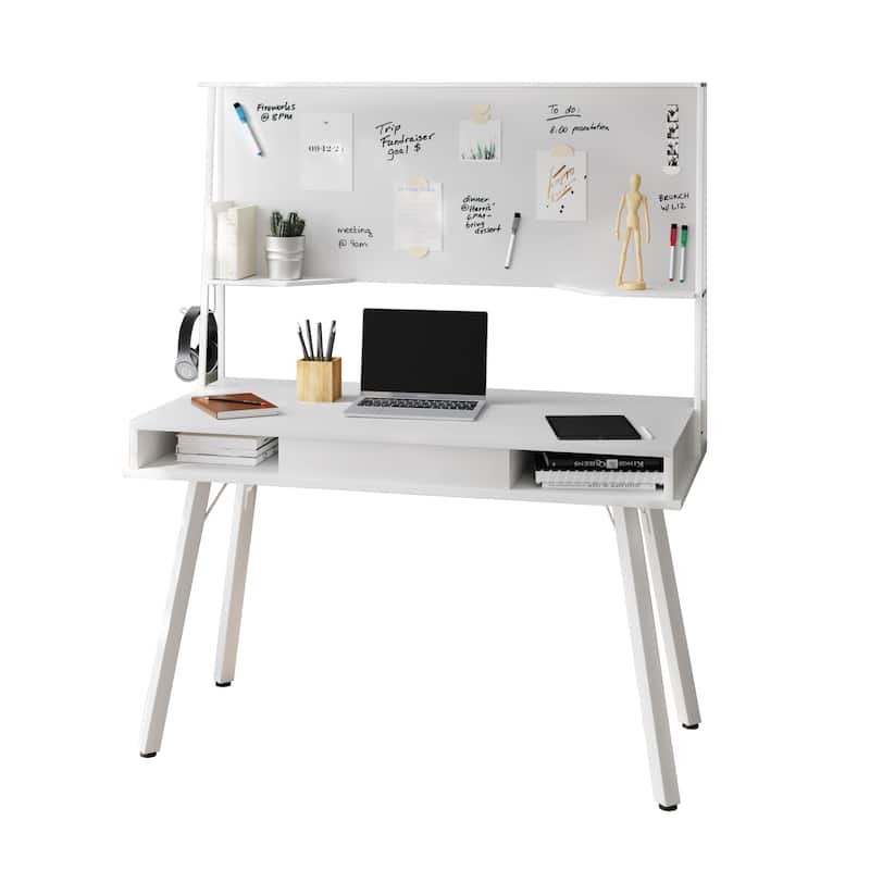 Study Computer Desk with Storage & Magnetic Dry Erase White Board, White On-Site