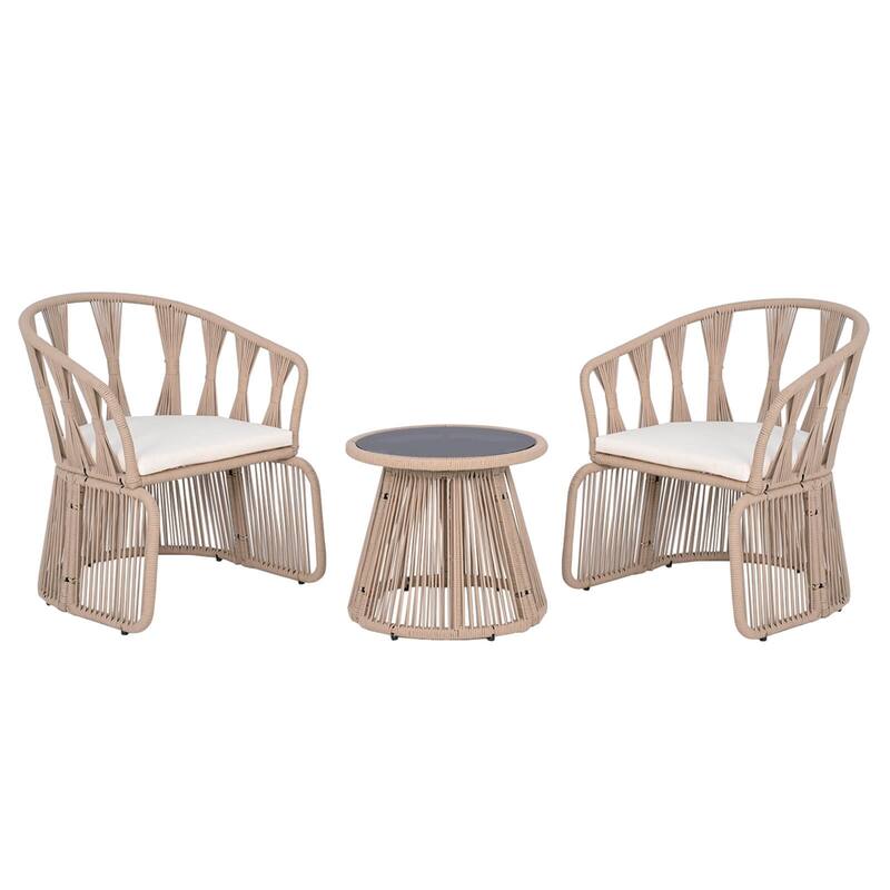 Costway 3 PCS Patio Leisure Chair Set Rope-Woven Armchairs & Table Set - See Details - Off White+Beige - See Details