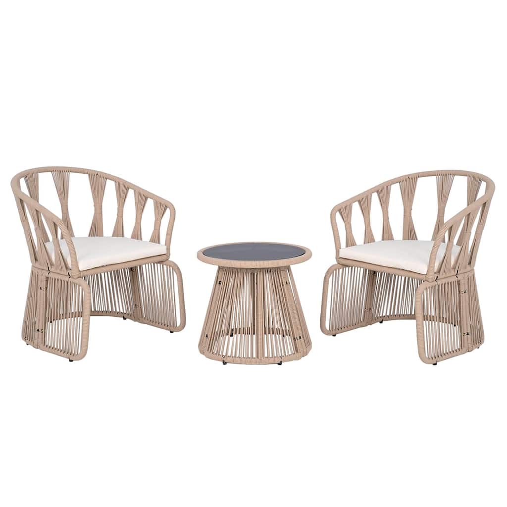 Costway 3 PCS Patio Leisure Chair Set Rope-Woven Armchairs & Table Set - See Details