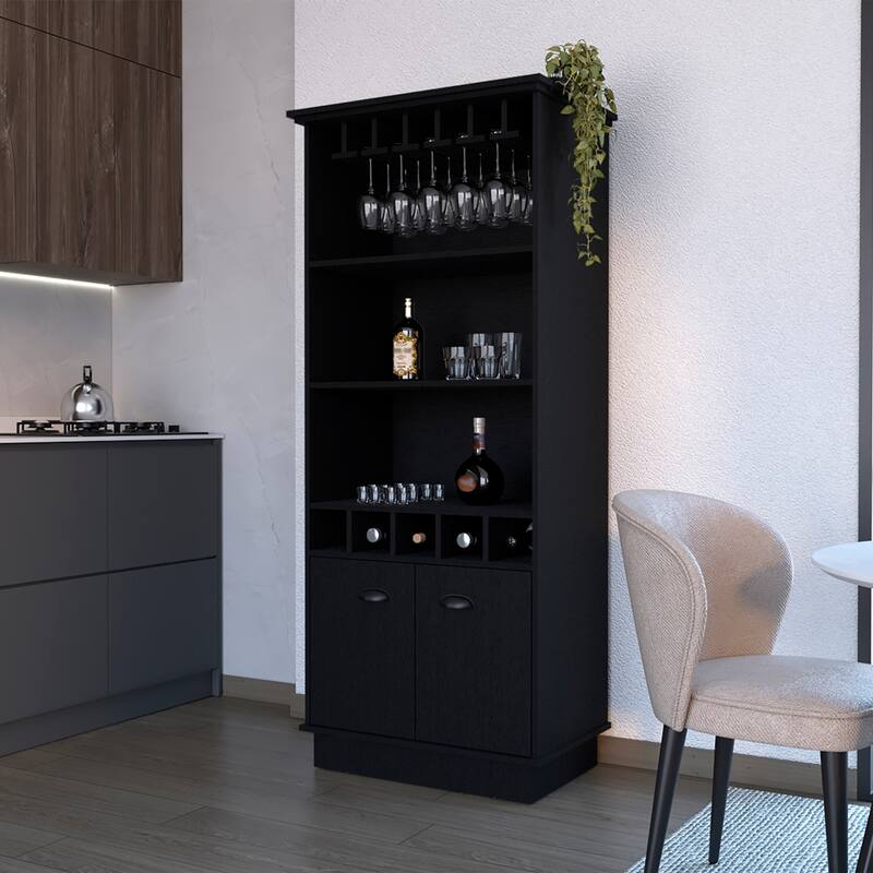 Versatile Engineered Wood Bar Cabinet with Hanging Glass Rack and Ample Storage - Black