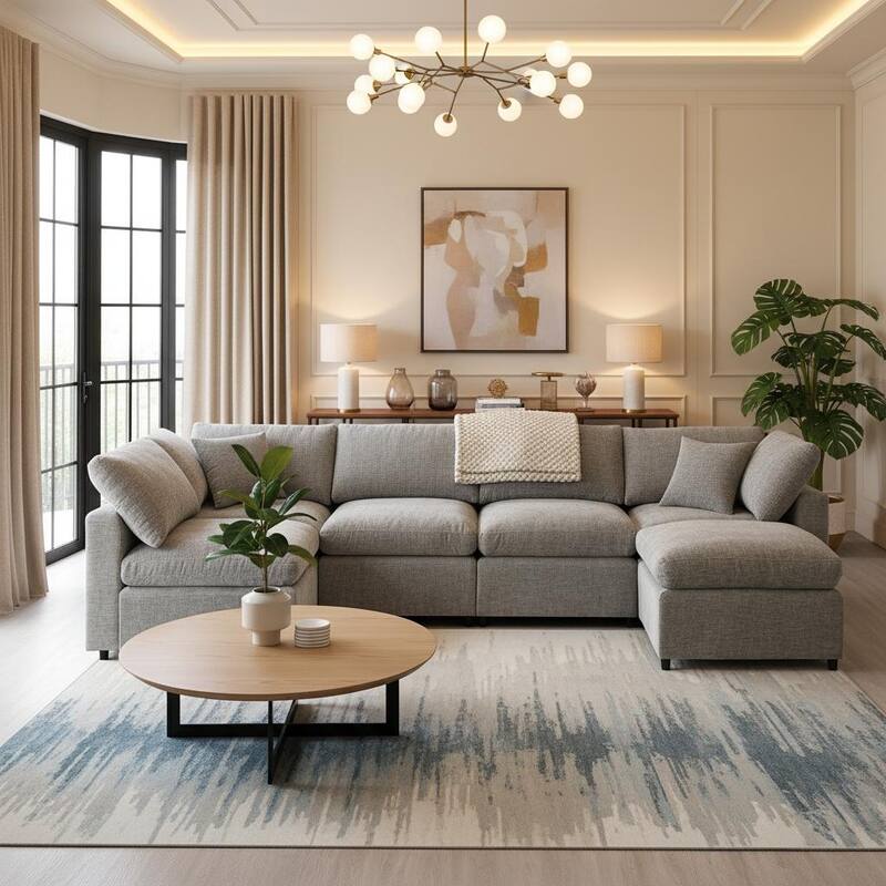 6-Piece Modular Cloud Chenille Sofa Bed with Ottoman by Harper&Bright Designs.