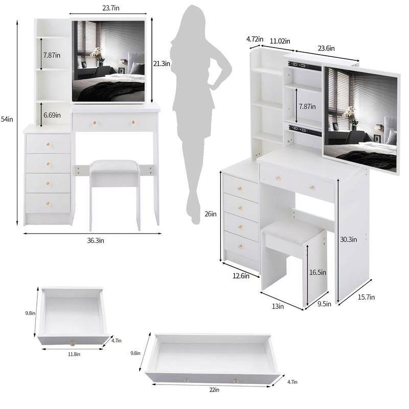 Vanity Dresser with Mirror and Stool Set Storage Drawers Luxury Furniture