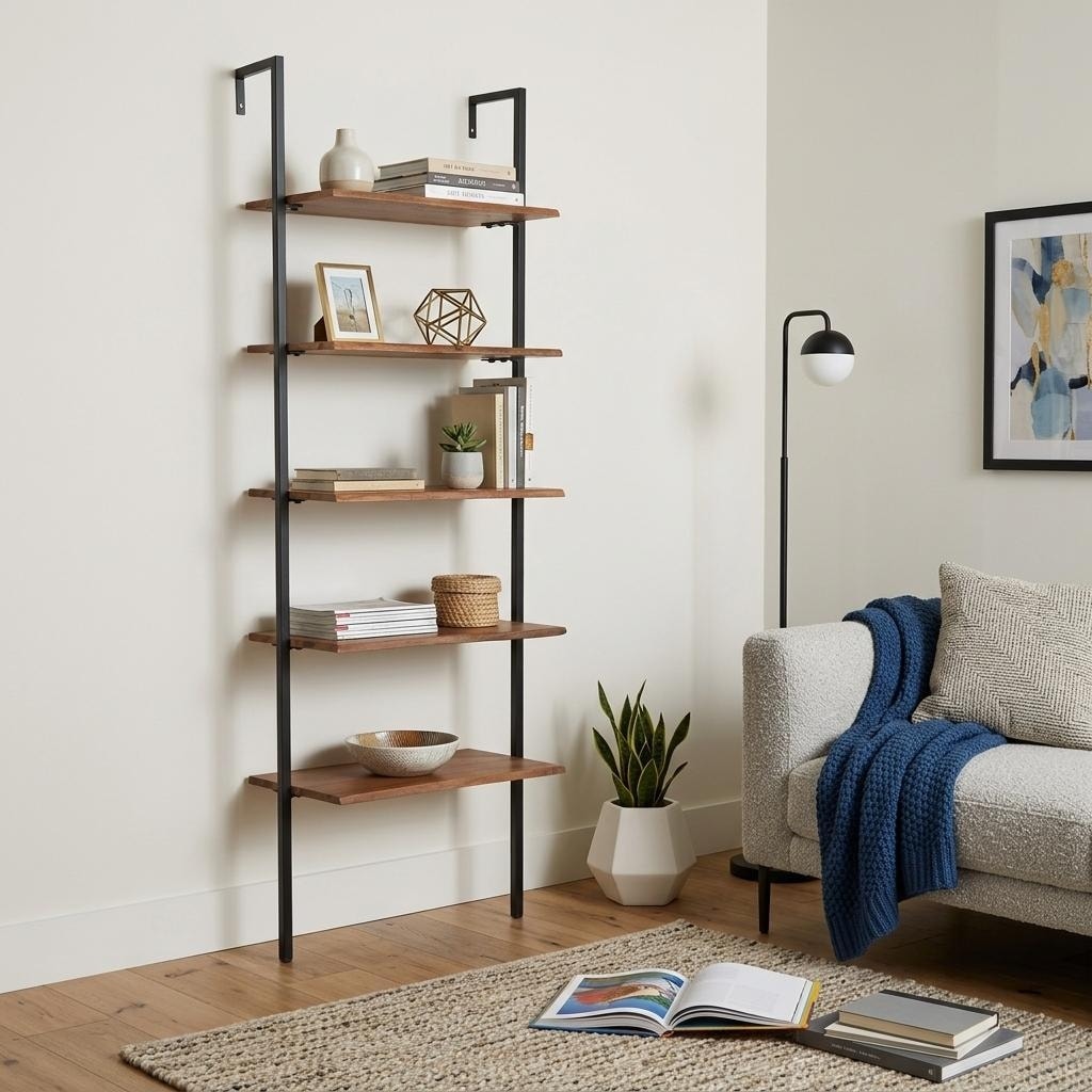 HomeRoots 72" Brown Metal and Solid Wood Five Tier Ladder Bookcase